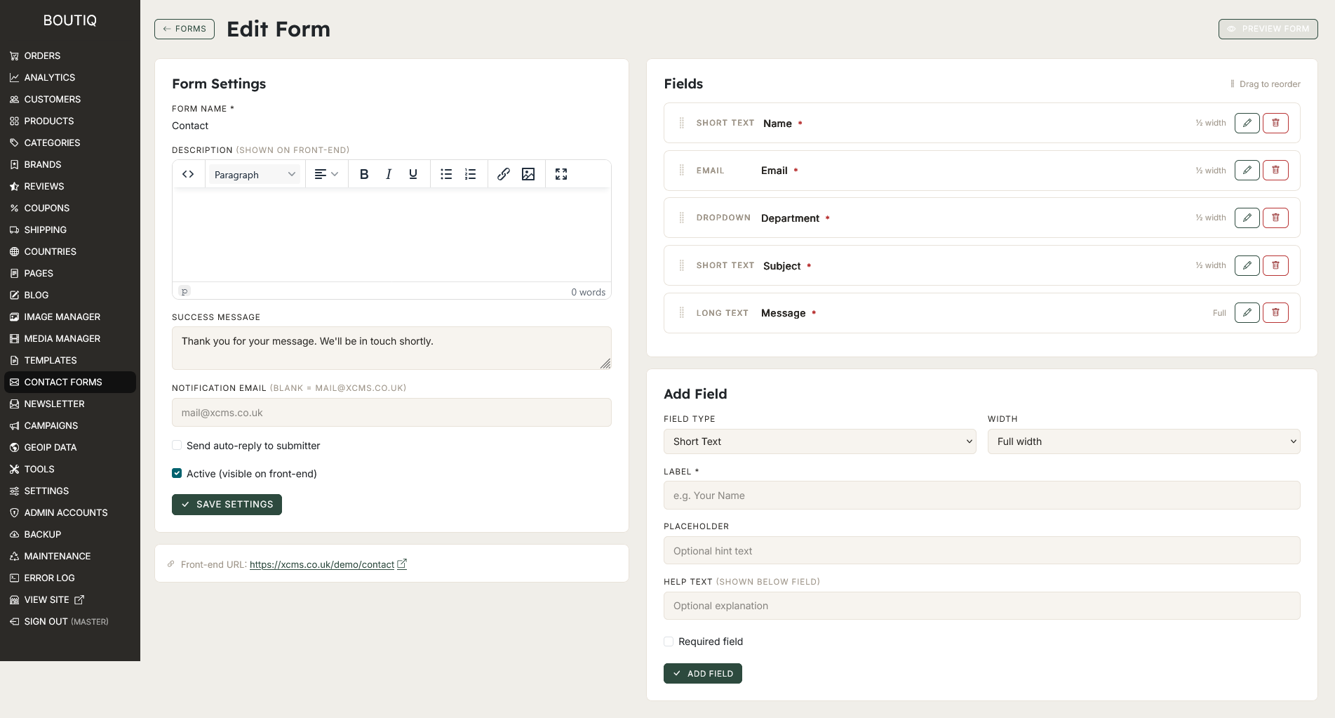 admin contact forms
