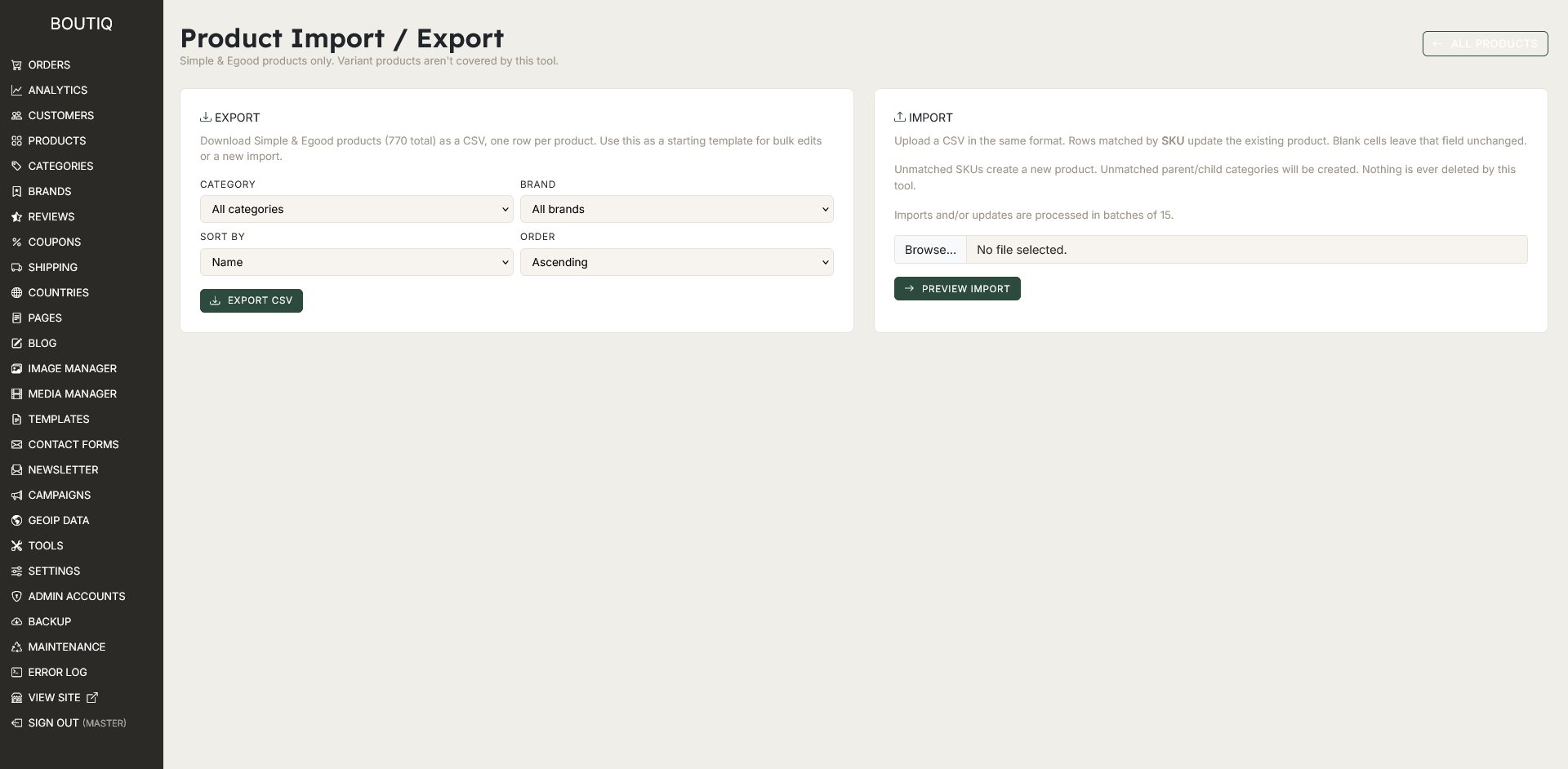 admin product export import