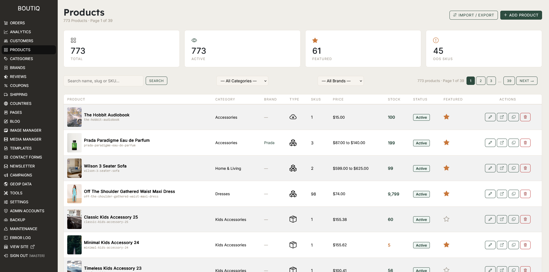 admin products list