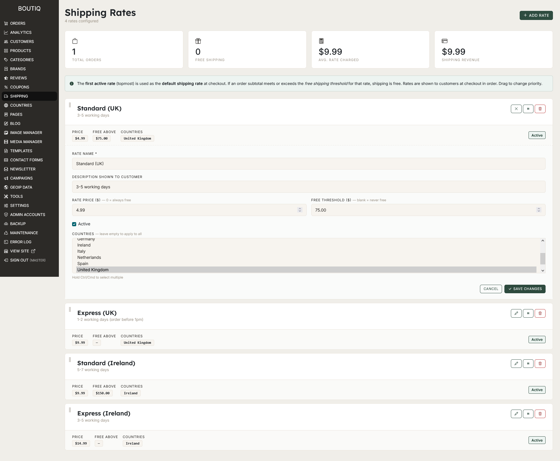 admin shipping rates